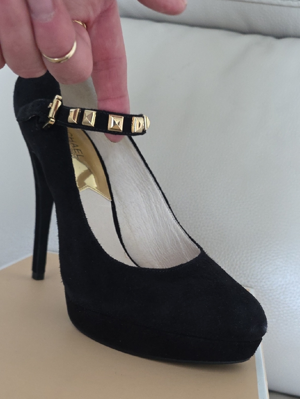Michael Kors Black Suede Ankle-Strap Platform Pumps with Gold Studs